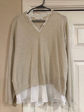 Pinch Beige Layered V-Neck Sweater with Shirt Hem